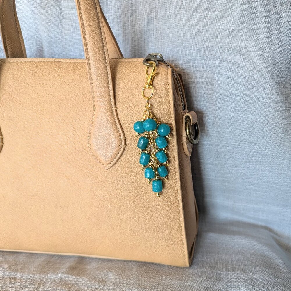 TEAL & GOLD BEADED CHARM FOR HANDBAG PURSE TOTE SHOULDER BAG OR BACKPACK